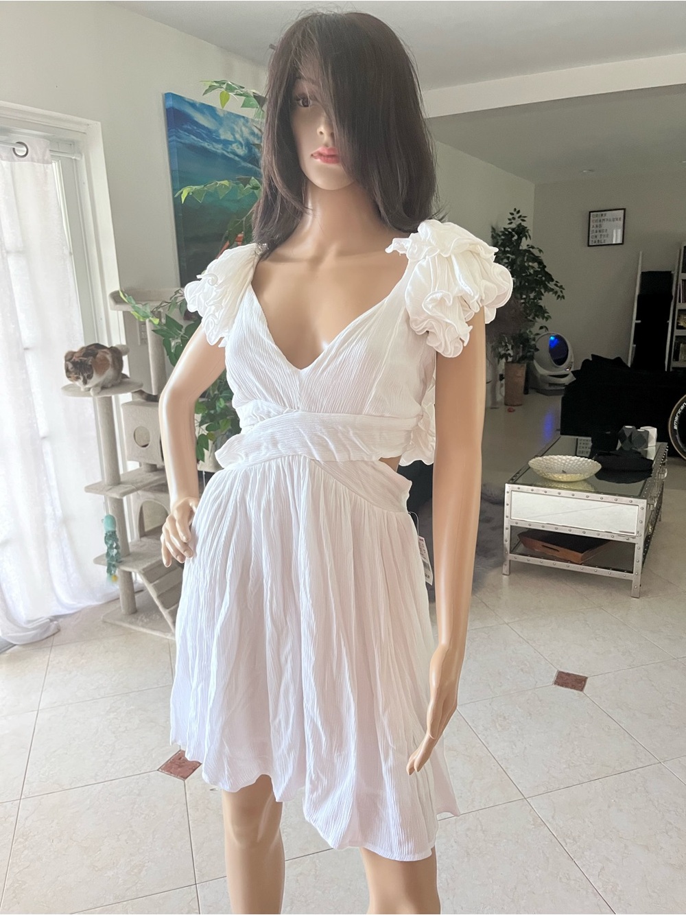 Women's White Ruffled Short boho dress small NWT
